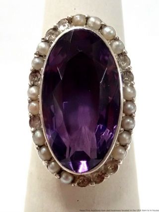 Vintage 18k Gold Sterling Silver Natural Amethyst Seed Pearl Ladies Ring Sz 5.  25