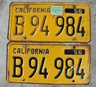 California Yellow And Black Truck License Plate Set 1956 Ca Vintage
