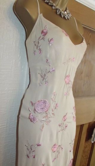 Karen Millen ❤️vintage Long Cream Pink Embroidered Silk Maxi Dress Size 12