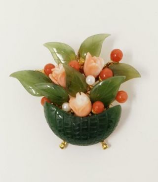 Vintage Swoboda Signed Carved Jade Coral Pearl Flower Vase