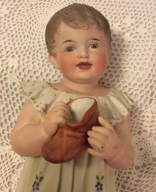 Large Antique ? German Bisque Piano Baby Holding a Shoe 6
