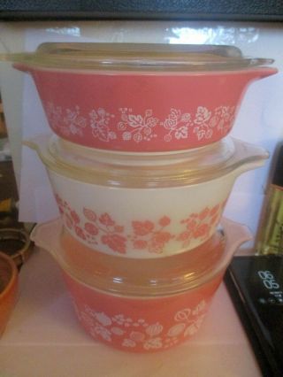 Three Vintage Pyrex Pink And White Gooseberry Casserole Si==dishes W/lids473,  472