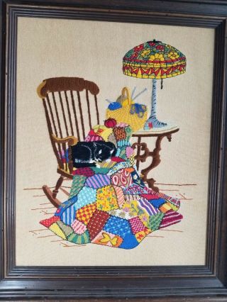 Vtg Framed Embroidery Bright Crazy Quilt Kitty Cat Tiffany Lamp Vibrant Rocker