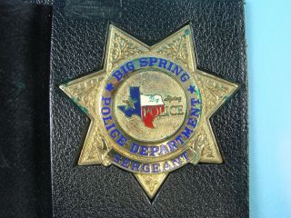 Vtg Big Spring Texas Police Department Sergeant Gold Color Badge Leather Sleeve 2