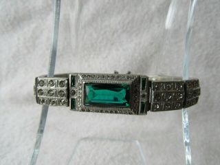 1920s A.  L.  L.  Co (al Lindroth) Green Emerald Cut White Rhinestone Bracelet