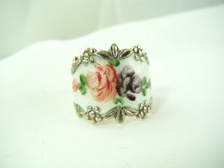 Vintage Hand Painted White Enamel Rose Sterling Silver Ring Size 7