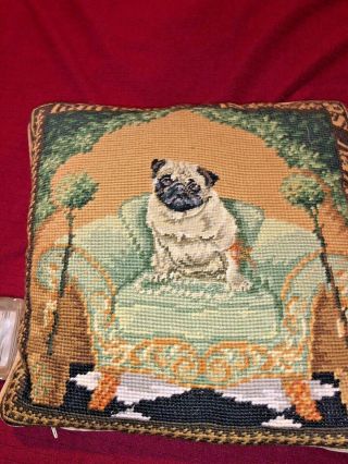 Vintage Pug Dog Handmade Wool Needlepoint Petit - Point Cushion Pillow Figurine