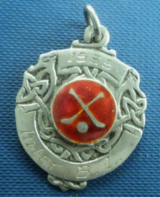 Irish Vintage Sterling Silver & Enamel Fob Medal - Hurling /shinty - Dublin 1960