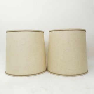 Vintage Mid Century Modern Drum Matching Pair Off White Brown Woven Lamp Shade