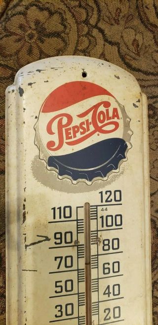 Vtg.  1950s Pepsi Cola Bottle Cap Thermometer Advertising tin Sign 27”x 8 1/8 