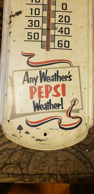 Vtg.  1950s Pepsi Cola Bottle Cap Thermometer Advertising tin Sign 27”x 8 1/8 