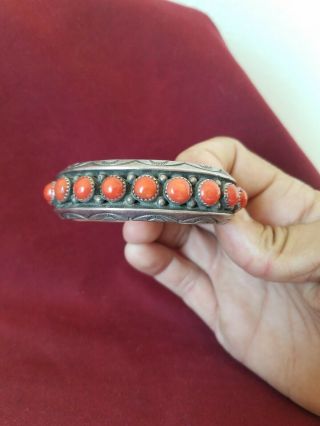 vintage native sterling silver coral cuff bracelet Howard Begay Navajo 80.  3grams 7