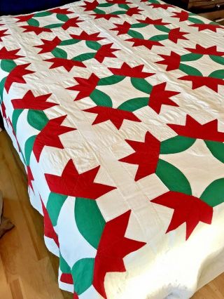 Vintage Green And Red Queen Size Quilt Christmas,  Cottage Or Farmhouse