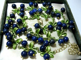 Gorgeous Vintage Style Real Lapis Lazuli Stone Bead Blue Berries Enamel Necklace