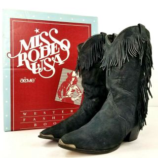 Vtg Acme Womens Fringe Western Boots Sz 7m Black Leather Cowboy Boots Usa Made