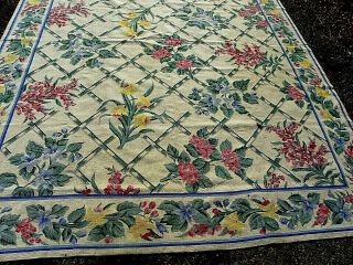 Vintage Needlepoint Rug /aubusson Spring Wildflowers/blue And Rose 8x10