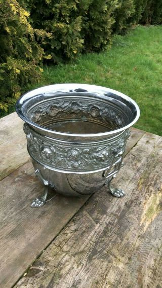 Fantastic Vintage Silver Metal Plant Pot With Handles & Lion Claw Feet