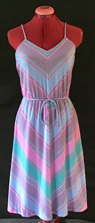 Vtg 70s 80s Pastel Chevron Stripe Sex And The City Flirty Carrie Sun Dress Sz M