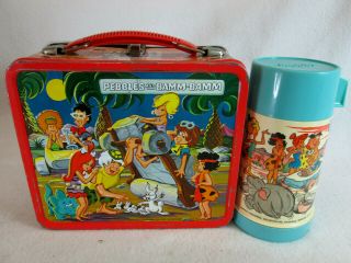 Vintage 1971 Flintstones Pebbles & Bamm - Bamm Lunch Box & Thermos By Aladdin