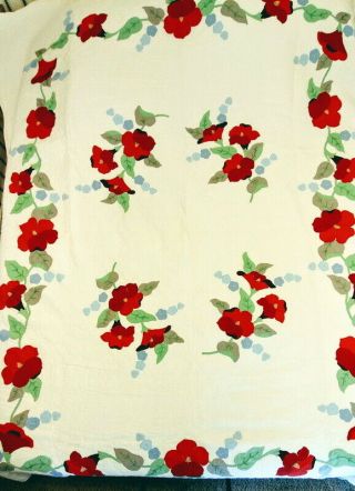 Vintage Hand Made Applique Cotton Quilt Red Flowers Green Leaves 75 X 90