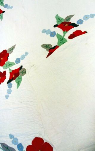 Vintage Hand Made Applique Cotton Quilt Red Flowers Green Leaves 75 X 90 3