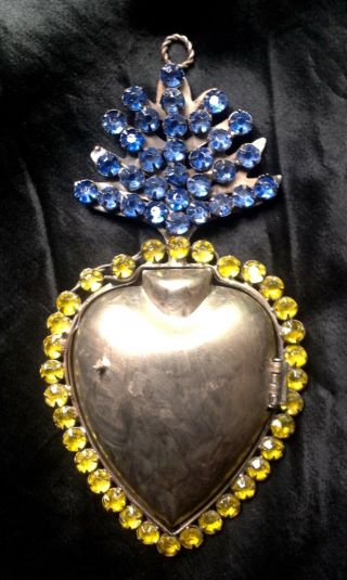 Quality Antique Ex Voto Sacred Heart Reliquary Charm Locket Box Rhinestones