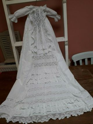 Antique Christening Gown Lace Dress Baby Doll White Cotton Frills Ruffles