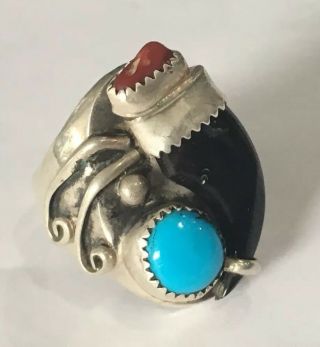 Vintage Navajo Turquoise Coral & Onyx Faux Bear Claw Sterling Silver Ring