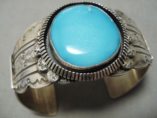 Detailed Vintage Navajo Hand Tooled Sterling Silver Turquoise Dome Bracelet
