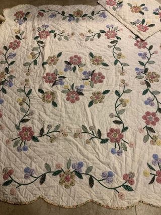 Vintage Antique Yoyo Floral Quilt Queen 80”x 68” With Pillow Sham