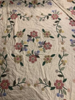 Vintage Antique YoYo Floral Quilt Queen 80”x 68” With Pillow Sham 2