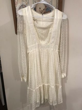 Gunne Sax Vintage Long Sleeve Cream White Lace Hippie Boho Wedding Dress Size S