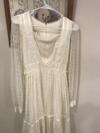 Gunne Sax Vintage Long Sleeve Cream White Lace Hippie Boho Wedding Dress Size S 2