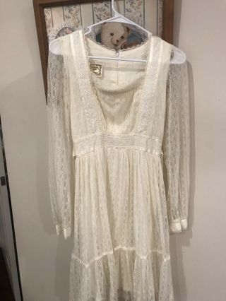 Gunne Sax Vintage Long Sleeve Cream White Lace Hippie Boho Wedding Dress Size S 5