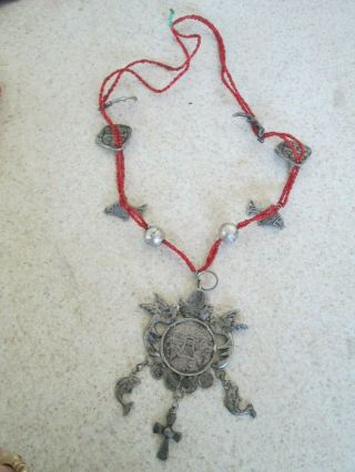 Vintage Chachal Milagros Coin Pendant Necklace Birds Fish Silver Guatemala Red