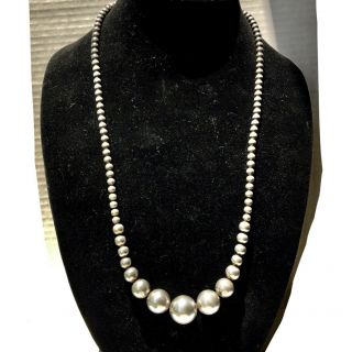 Vintage Native American Navajo Sterling Silver Pearl Necklace Graduated Bead 26”