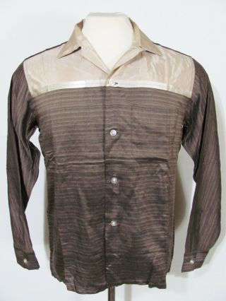 Vintage 50s Marlboro Bronze Satin Rayon Loop Collar Rockabilly Dress Shirt Usa M