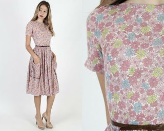 Vintage 50s Pink Floral Dress Cotton Tea Party Pockets Pinup Full Skirt Mini