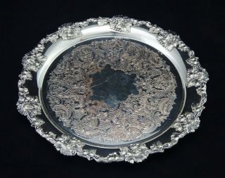 Stunning Ornate Chased Serving Tray Salver Floral Embossed Edge Silver Plated