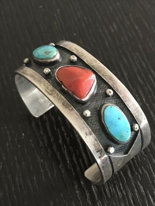 Vintage American Indian Silver Turquoise Coral Bracelet Cuff