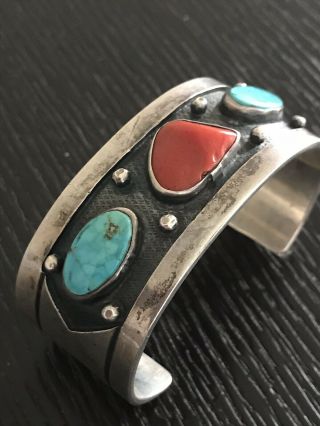 Vintage American Indian Silver Turquoise Coral Bracelet Cuff 2