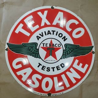 Texaco Aviation Gasoline Vintage Porcelain Sign 24 Inches Round