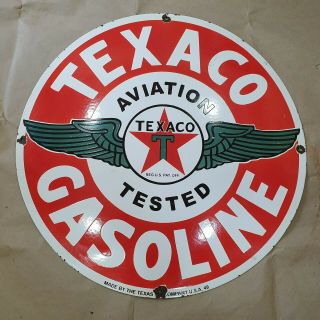 TEXACO AVIATION GASOLINE VINTAGE PORCELAIN SIGN 24 INCHES ROUND 2