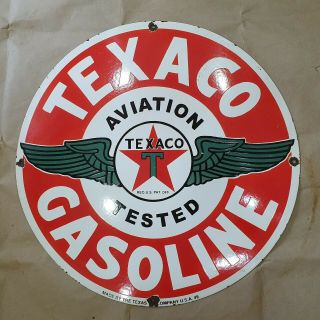 TEXACO AVIATION GASOLINE VINTAGE PORCELAIN SIGN 24 INCHES ROUND 3