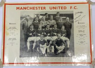 Manchester United Vintage 1960s Team Poster Multi Signed Pat Crerand Harry Gregg