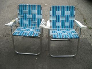 Vintage Webbed Aluminum Folding Lawn Chairs Blue And White