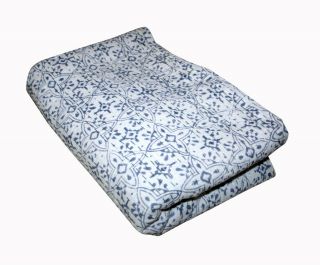 Vintage Indian Kantha Quilt Block Print Bedspread Cotton Blanket Whitecolor King