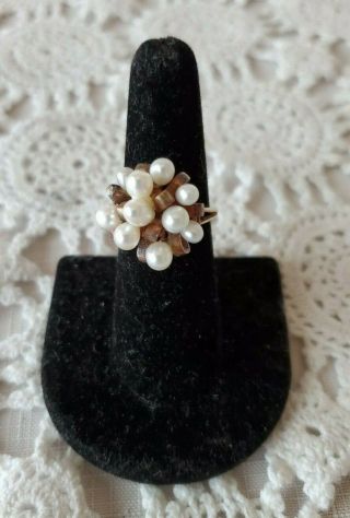 10k Vintage Yellow Gold Jewelry Ring Round White Pearls Flower Shape Size 7.  25
