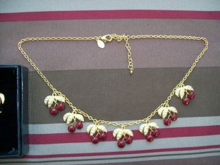 Joan Rivers Art Deco Gold Tone Burgundy Enamel Cherry Rhinestone Collar Necklace
