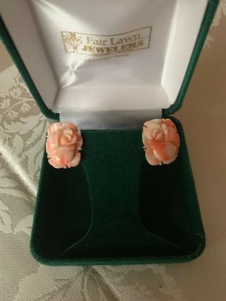 Vintage 14k Yellow Gold Pink Coral Hand Carved Rose Flower Earrings